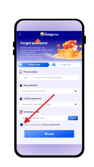 accept privacy agreement to reset password
