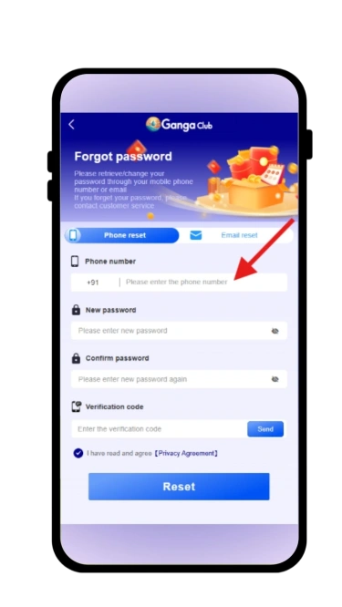 enter mobile number to reset password